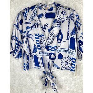 NWT Peach Medium Blue & White Short Sleeve Crop Top Waist Tie Collared V-Neck